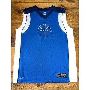 Kids Nike Basketball V-Neck Sleeveless Jersey Shirt Blue White Logo NikeFit L